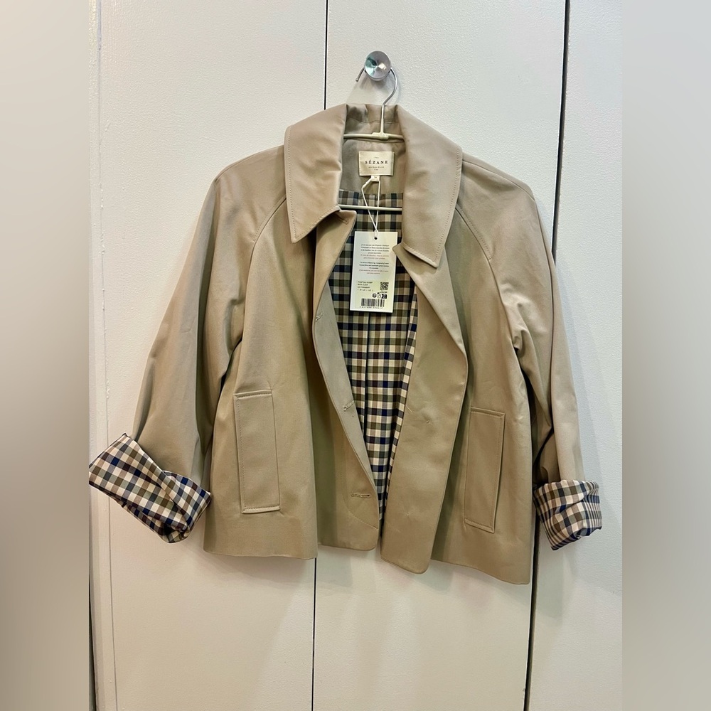 Sezane Bobby Jacket, Light Beige & Gingham, Oversized Cropped Trench, NWT Size 2 - Picture 6 of 16